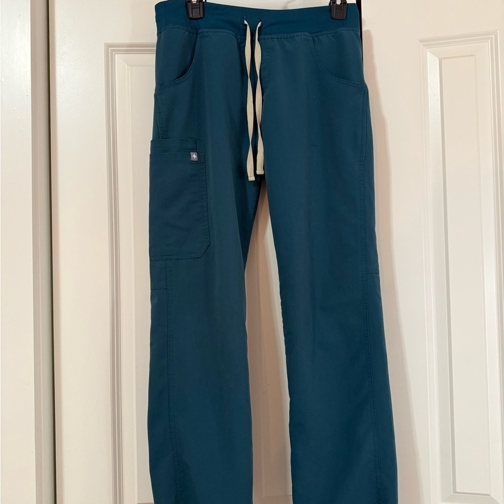 Figs Straight Leg Scrub Pants in Teal with Mint Drawstring - Picture 2 of 4